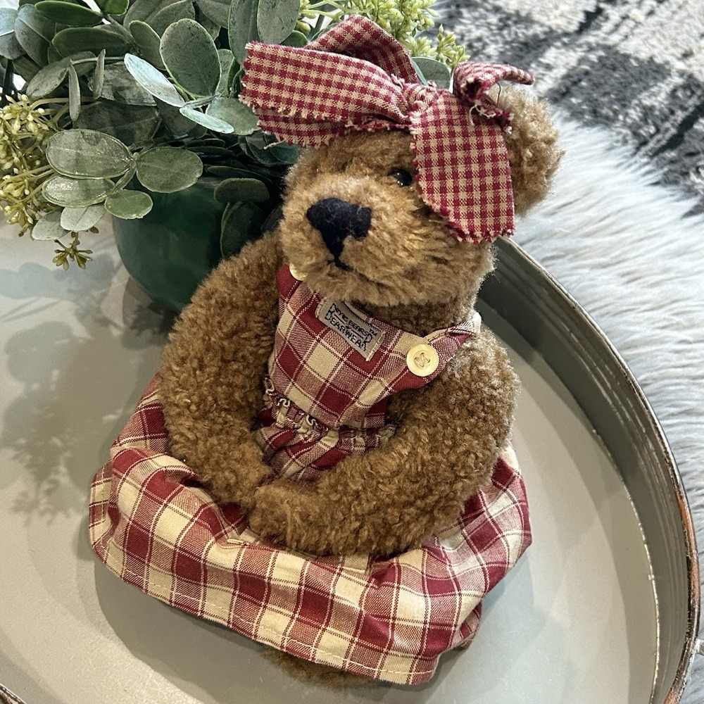 Boyds Bears EUDEMIA Girl Bear w/Red Tan Gingham Plaid Dress 10" plush #1364